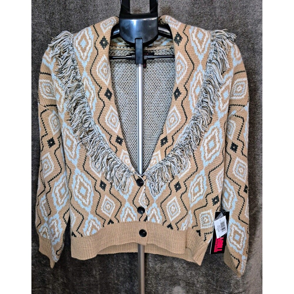 NWT Rock Roll Denim Womens Small Aztec Western Fringe Cardigan Sweater Tan Blue